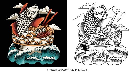 koi fish ramen vector illustration