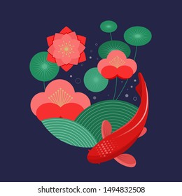 Koi fish, red carp and flowers. Vector illustration