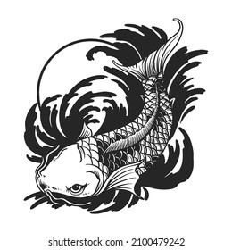 Diseño del tatuaje de la ilustración del vector de la luna roja de Koi Fish