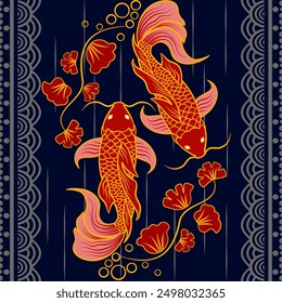 Koi Fisch rotes Muster, goldene Linie Zeichnung Illustration und Wellen Stil