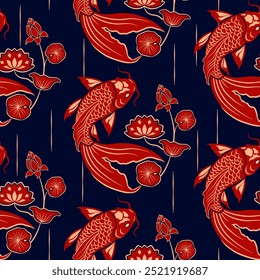 
koi pez patrón rojo, siluetas estilo dibujado a mano ilustración para textiles y azulejos
