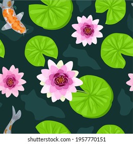 Koi fish seamless pattern. Botanical seamless pattern, lotus flowers and goldfish vintage style. Seamless background with Koi fish or Japanese carps and lotus. For fabric, decor, fashion accessories