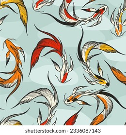 Koi fish seamless pattern. Flat line vector illustration. 