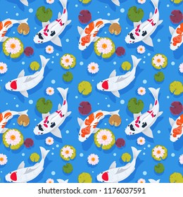 Koi fish seamless pattern. Japanese carp in china garden. Oriental nature background. Asian vector wallpaper. Illustration of fish pattern seamless, japanese carp