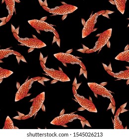 Koi fish seamless pattern. Japanese red fish design on black background. Wild print. Koi T-Shirt design. Fashion vector illustration with flowers. Illustration for fabric, clother. - Vector.