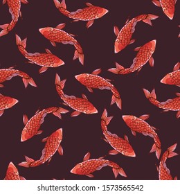 Koi fish seamless pattern. Japanese red fish design. Wild print. Koi T-Shirt design. Fashion vector illustration with flowers. Illustration for fabric, clother. - Vector.