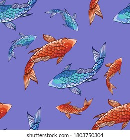 Koi fish seamless pattern. Japanese red fish design on 
BLUE background. 
