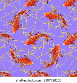 Koi fish seamless pattern. Japanese red fish design on yellow background. 