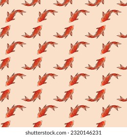 Koi fish seamless pattern. Japanese red fish design. Wild print. Koi T-Shirt design. Fashion vector illustration with flowers. Illustration for fabric, clother. - Vector.