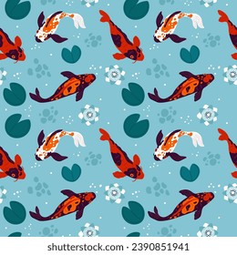 Koi fish seamless pattern. Japanese colored carps. Lake aqua top view. Asian pond. Water lily and lotus flowers. Chinese swimming animals. Spotted goldfish. Garish vector