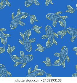 Koi Fish seamless pattern on Blue color Background 