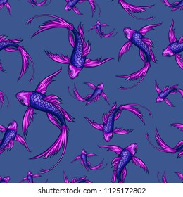 Koi fish seamless pattern. Vector illustration of purple koi carp isolated on blue background.