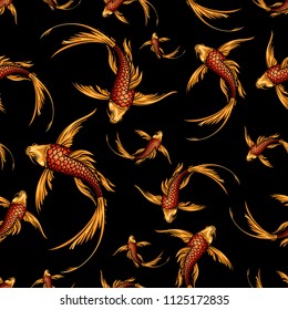 Koi fish seamless pattern. Vector illustration of gold koi carp isolated on black background.