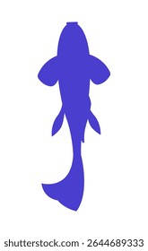 Silhueta de peixe Koi vista de acima 2D roxo azul preenchido personagem. Abstrato carpa ornamental. Tatuagem de peixe japonês. Símbolo aquático isolado clipart vetor glifo animal. Ilustração de ponto monocromático