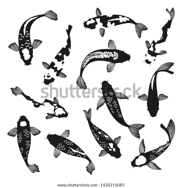 鯉がシルエットになる 白黒の泳ぎ鯉の魚の絵ベクターイラスト アジア