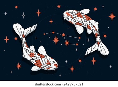 Koi fish with stars concept. Colorful red and white fishes near constellation. Astrology and astronomy. Chinese traditions. Cartoon flat vector illustration isolated on starry background