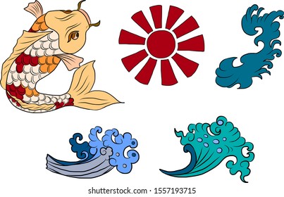 Koi fish and sunrise,wave for tattoo style on isolated white background.Chinese clouds and waves set.Symbol of Japanese culture for compose design on background.Koi carp vector illustration with sun.