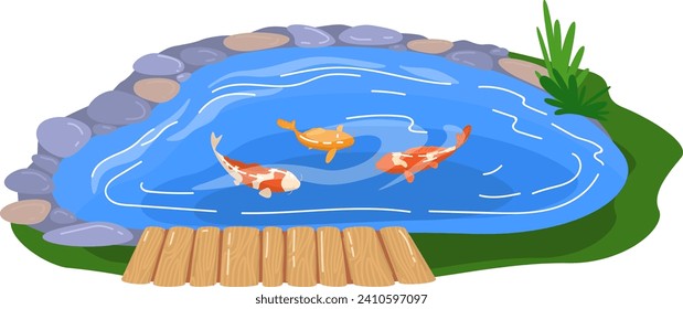 Koi fish swimming in a garden pond with wooden dock. Serene outdoor fish pond with decorative rocks and plants. Zen garden aquatic theme vector illustration.