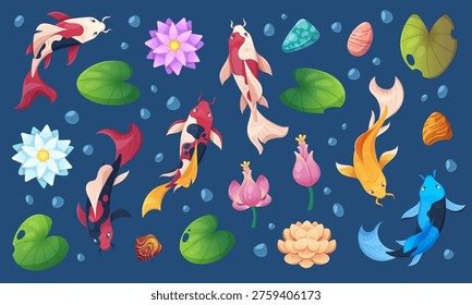 Koi fish swimming in tranquil pond with lotus flowers and lily pads. Japanese zen garden illustration with golden, red and blue carps, gentle ripples and oriental stone elements viewed from above.
