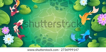 Koi fish swimming in tranquil pond with lotus flowers and lily pads. Top view on Japanese carp in green serene lake water with ripples for decorative border of garden with oriental zen elements.