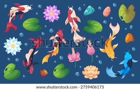 Koi fish swimming in tranquil pond with lotus flowers and lily pads. Japanese zen garden illustration with golden, red and blue carps, gentle ripples and oriental stone elements viewed from above.