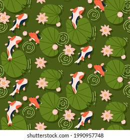 Koi fish swimming under pink lotus seamless pattern, summer oriental background, Flat hand drawn vector illustration