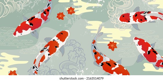 Koi fish swimming in the water. Vector illustration with oriental decorative elements. Asian background, Japanese style abstract pattern background design.