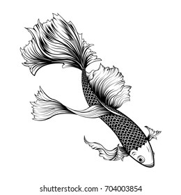 Koi fish tattoo by hand drawing.Tattoo art highly detailed in line art style.