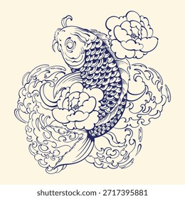 Ilustración vectorial de diseño de tatuaje de pescado Koi
