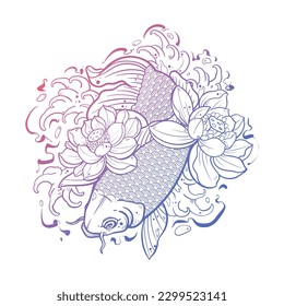 ilustración del tatuaje del pez koi fondo florido dibujado a mano con ola de agua y flor de loto estilo chino o japonés