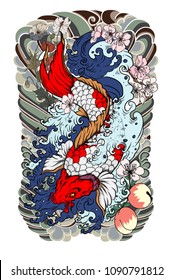 koi fish tattoo.Beautiful color Traditional Japanese carp with poppy flower and peach blossom on water splash background.