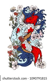 koi fish tattoo.Beautiful color Traditional Japanese carp with poppy flower and peach blossom on water splash background.