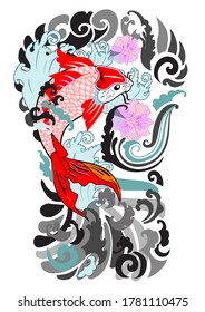 koi fish tattoo.Beautiful color Traditional Japanese carp on water splash background.