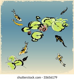 Koi fish under lotus flowers, black and white retro-styled picture