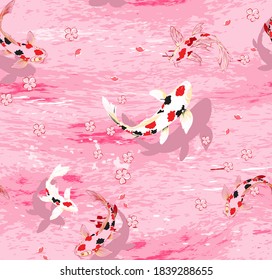 Koi Fish Underwater With Sakura Flower Seamless Pattern, Pond Fish Hand Draw Art Blue And Pink Background,Fish Vector illustration