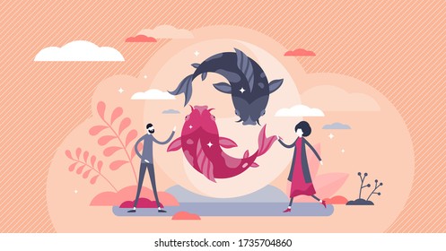 Koi fish vector illustration. Asian culture element flat tiny persons concept. East spiritual wisdom philosophy symbol with swimming carps. Contrast peace and union tradition with ethnic meaning.