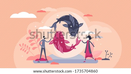 Koi fish vector illustration. Asian culture element flat tiny persons concept. East spiritual wisdom philosophy symbol with swimming carps. Contrast peace and union tradition with ethnic meaning.