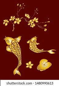 Koi fish vector illustration japanese carp and colorful oriental koi in Asia set of Chinese.Golden fish with flower and traditional fishery red background.