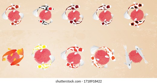 Koi fish vector illustration. Japanese carp and colorful oriental koi in Asia set of Chinese goldfish and traditional fishery. Isolated on brown background.
