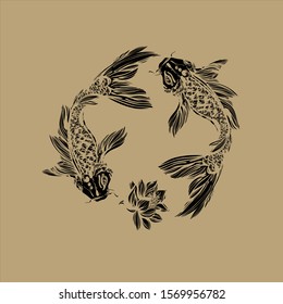 Koi fish vector on violet background. Carps and lilies flowers. - Vector.