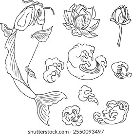 Vector de pescado Koi para imprimir en la camisa sobre fondo blanco aislado. Vector de carpa de loto y pez koi dibujado a mano para imprimir sobre fondo. Ilustración de animales chinos afortunados para pintar.