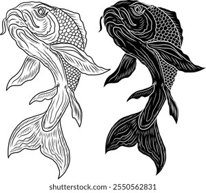 Vector de pescado Koi para imprimir en la camisa sobre fondo blanco aislado. Vector de carpa de loto y pez koi dibujado a mano para imprimir sobre fondo. Ilustración de animales chinos afortunados para pintar.