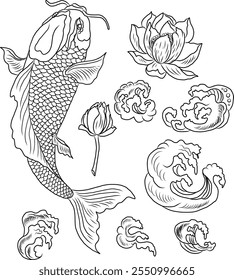 Vector de pescado Koi para imprimir en la camisa sobre fondo blanco aislado. Vector de carpa de loto y pez koi dibujado a mano para imprimir sobre fondo. Ilustración de animales chinos afortunados para pintar.