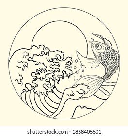 Koi fish vector for printing.Traditional Chinese wave in circle.Beautiful line art of nature for printing on shirt.Asian art for doodle and painting on background.Sunrise or sunset illustration.