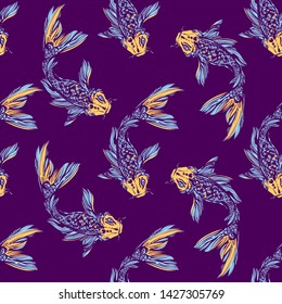 Koi fish vector seamless pattern. Fish seamless. Fish seamless pattern. Carps and lilies flowers. - Vector.