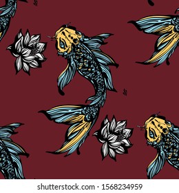 Koi fish vector seamless pattern. Fish seamless. Fish seamless pattern. Carps and lilies flowers. - Vector.