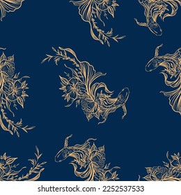 Koi fish vector seamless pattern. Fish seamless. Fish seamless pattern. Carps and lilies flowers. - Vector.