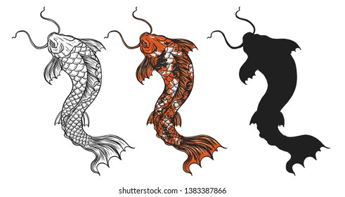 Koi fish vector tattoo by hand drawing.Beautiful fish on white background.Black and white graphics design art highly detailed in line art style.Carp fish for tattoo or wallpaper.
