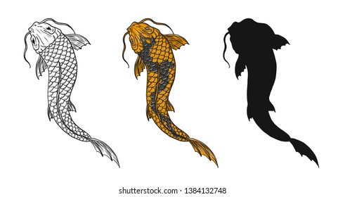 Koi fish vector tattoo by hand drawing.Beautiful fish on white background.Black and white graphics design art highly detailed in line art style.Carp fish for tattoo or wallpaper.