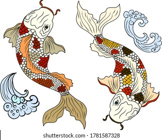 pez koi y vector de olas para el arte del doodle y la impresión en camisa.